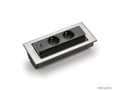 Evoline® BackFlip USB A, Einbausteckdosenelemente, mit Schweizer Steckdosen, flächenbündig H 2,6 mm, Edelstahl