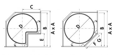 VS COR Wheel Pro, Eckschrank-Drehbeschlag, 1 Boden, 3/4, Korpus 900 x 900 mm, silber
