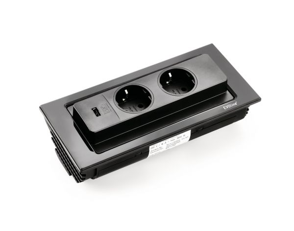 Evoline® BackFlip-USB schwarz, Steckdosenelement, Glas schwarz