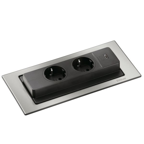 Evoline® BackFlip USB C, Einbausteckdosenelemente, mit Schukosteckdosen, flächenbündig H 2,6 mm, Edelstahl