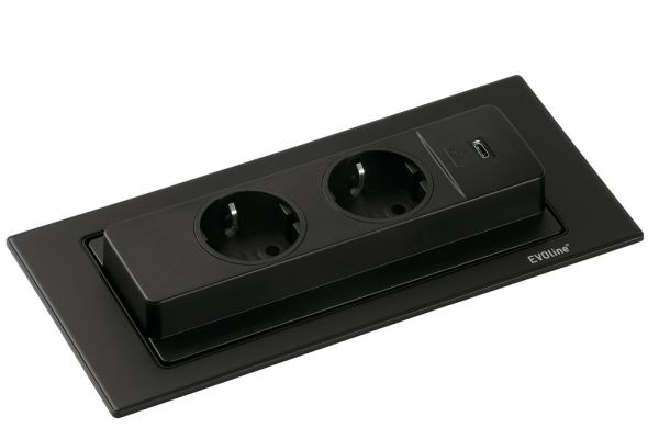 Evoline® BackFlip USB C, Einbausteckdosenelemente, mit Schukosteckdosen, flächenbündig H 2,6 mm, schwarz lackiert
