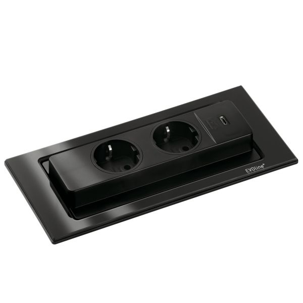 Evoline® BackFlip USB C, Einbausteckdosenelemente, mit Schukosteckdosen, flächenbündig H 5 mm, Glas schwarz